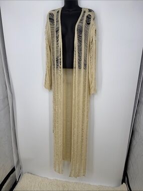 Long Open-Front Boho  Crochet Duster Cardigan in Ivory size small